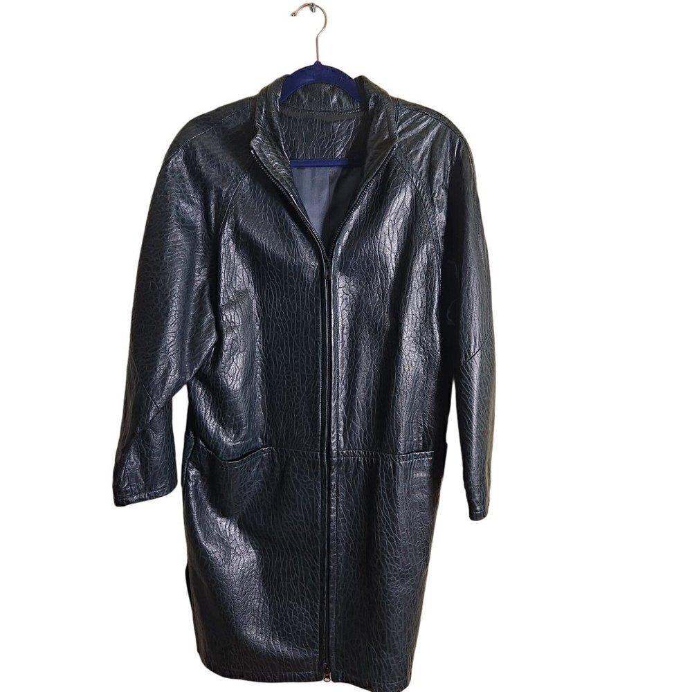 Vintage Genuine Leather Black Green Textured Leather Trench Coat Mob Wife Size M